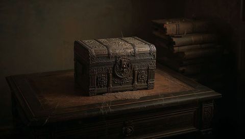 Ornate antique treasure chest with patina on dusty wooden table in vintage study
