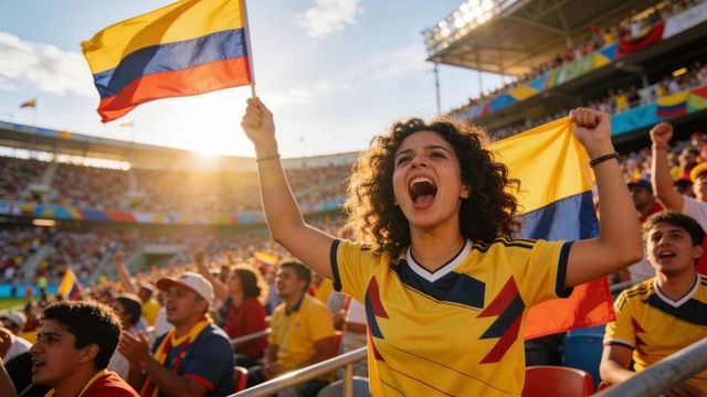 Female fan cheering and waving colombian flag in sunlit stadium crowd with lens flare
