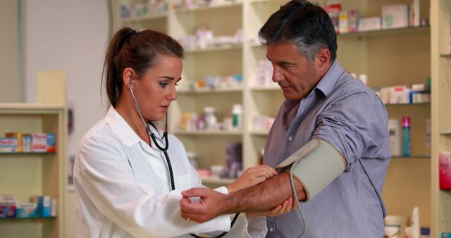 A young Caucasian female pharmacist or nurse is taking the blood pressure of a middle-aged Caucasian man, with copy space. Her focused demeanor and his relaxed posture suggest a routine health check-up in a pharmacy setting.
