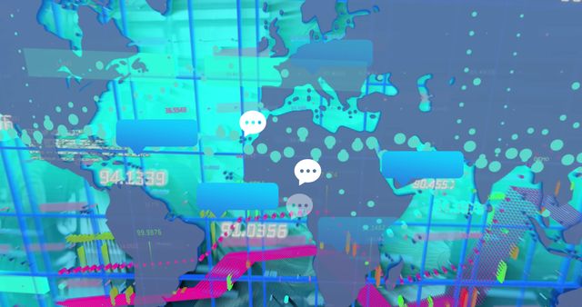 Image of social media reactions and world map and financial graphs over green digital screen. Finance, economy, communication, business and technology concept digitally generated image.