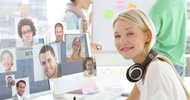 Smiling Woman Working in Modern Office Environment with Headphones - Download Free Stock Images Pikwizard.com