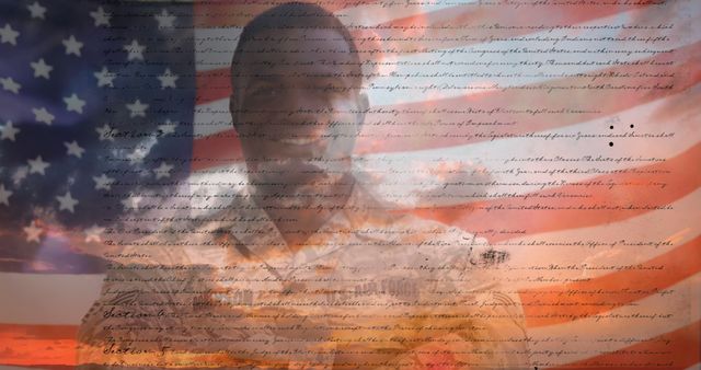 Soldier in camouflage uniform posing with overlay of American flag and historical handwritten document. Ideal for use in patriotic events, military promotions, Veterans Day, Fourth of July celebrations, or educational materials on U.S. history and heritage.