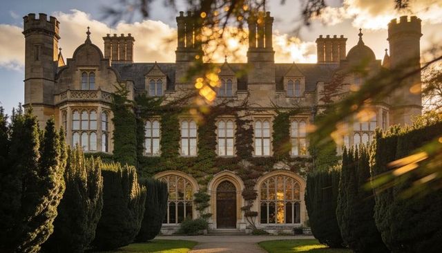 Golden-hour ivy-covered manor house with gothic revival facade and formal garden