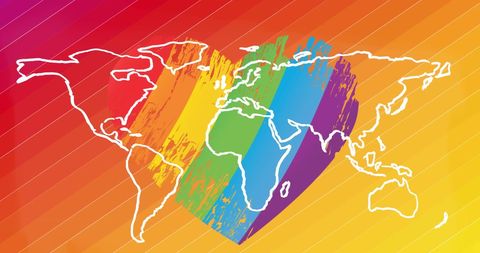 World Map Overlay on Rainbow Heart Celebrating Pride
