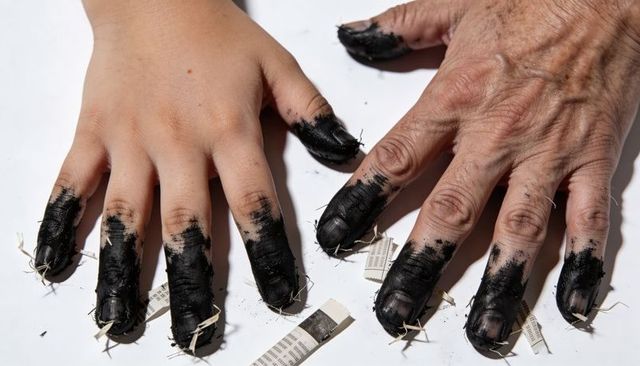 Child and senior hands showing ink-stained fingers and shredded paper, intergenerational bonding