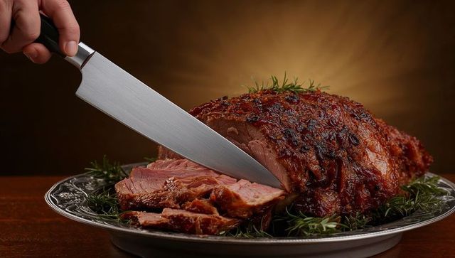 Carving Glazed Roast Beef with Rosemary on Silver Platter for Holiday Dinner Centerpiece