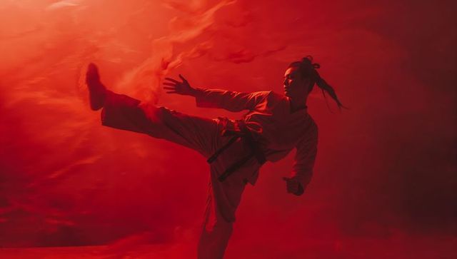 Martial artist in red light performing high side kick