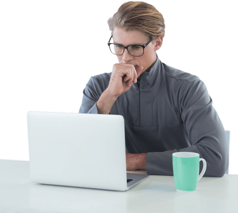 Businessman Deep in Thought Using Laptop at Table, Transparent Background - Download Free Stock Videos Pikwizard.com