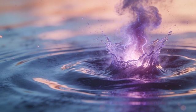 Erupting Purple Water Crown Creating Luminous Twilight Ripples and Vapor Vortex
