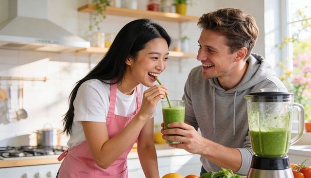 Couple sharing green smoothie in bright kitchen laughing together during morning