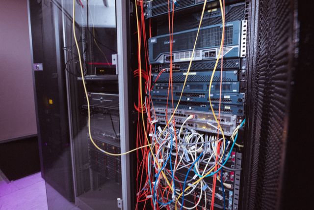 This image depicts a server room with various computer cables connected to servers, showcasing the complexity of IT infrastructure. Ideal for illustrating concepts related to technology, cloud computing, data management, and networking. Useful for websites, articles, and presentations focused on information technology, data centers, and network systems.