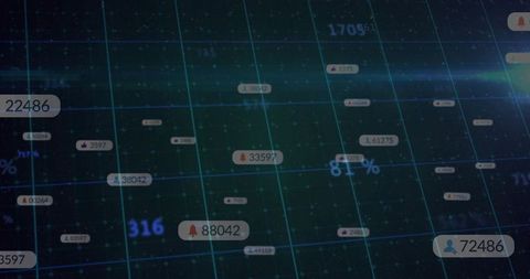 Floating data tags on futuristic digital grid showing analytics, alerts, percent metrics