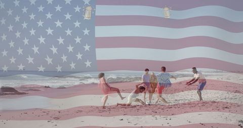 Diverse Friends Enjoying Beach Football Under U.S. Flag Overlay