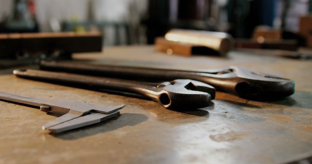 Close-up of tools on a table in workshop 4k