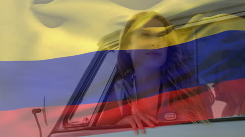 Woman Enjoying Journey with Colombian Flag Overlay