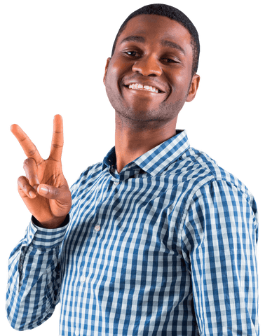Smiling Man in Plaid Shirt Showing Peace Sign on Transparent Background - Download Free Stock Videos Pikwizard.com