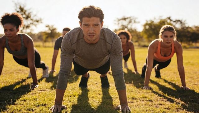 Man leading outdoor plank workout with diverse group on sunlit park grass showing focus, teamwork