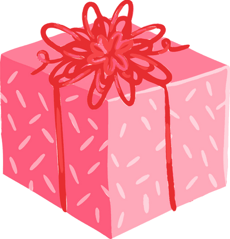 Illustrated pink gift box with red ribbon on transparent background