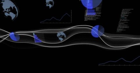 Digital Waveforms and Globe Icons on Futuristic Interface