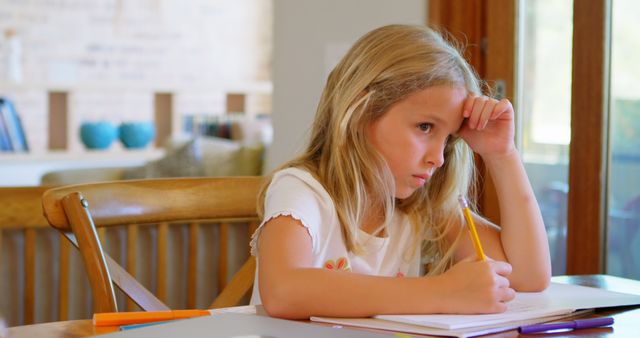 Pensive Girl Studying at Home with Pencils and Paper - Download Free Stock Images Pikwizard.com