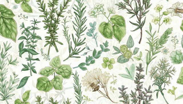 Hand-drawn green herb pattern featuring rosemary basil eucalyptus watercolor ink