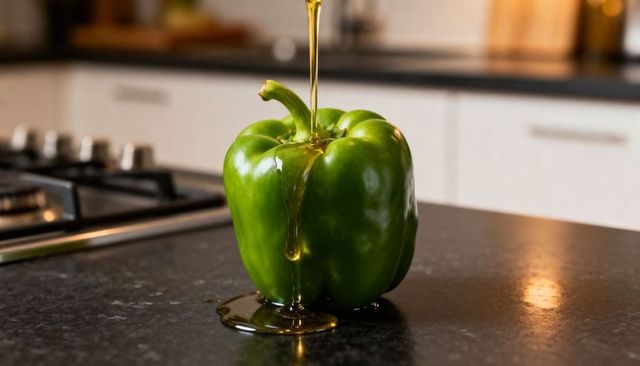 Drizzling golden olive oil coating glossy green bell pepper on dark countertop in kitchen
