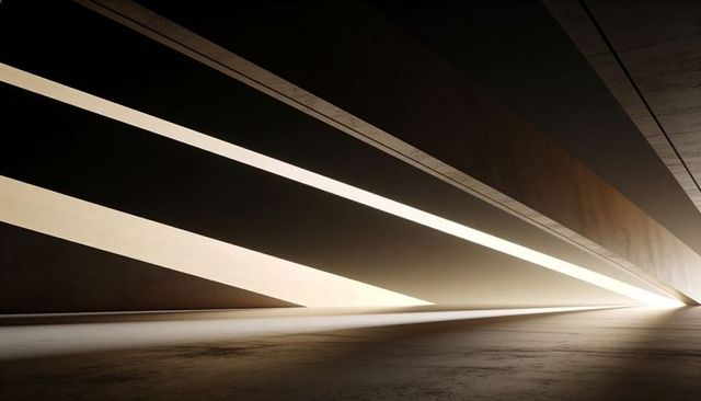 Diagonal Light Beams Cutting Through Minimalist Concrete Corridor to Bright Vanishing Point