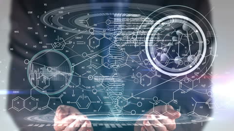 Hands Holding Floating DNA Hologram in Futuristic Interface