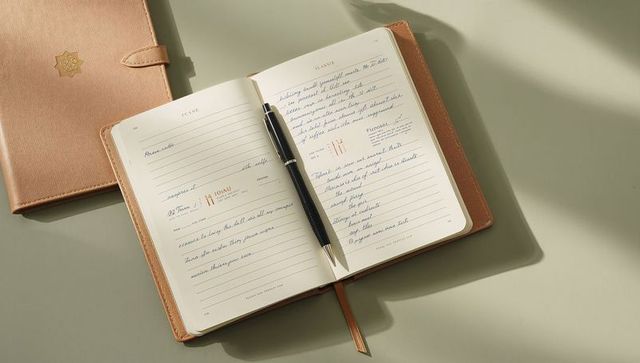 Open leather journal lying on gray-green desk with handwritten notes and black pen