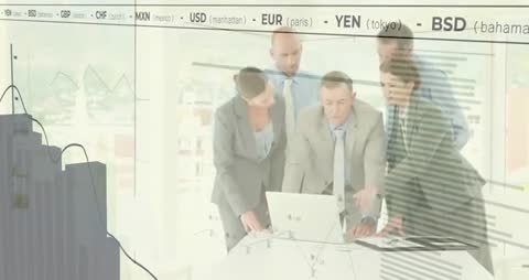Executive team analyzing global financial data overlaid with currency charts and city skyline