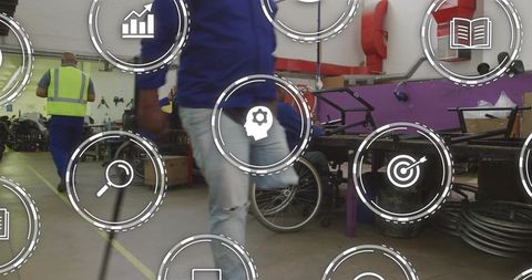 Walking with cane through repair workshop with hud icons for accessibility and maintenance