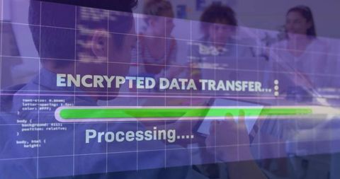 Encrypted data transfer progress overlay on office team screen with tablet