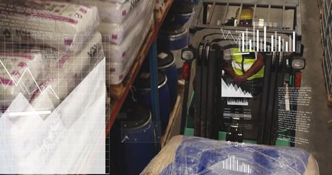 Forklift operator navigating warehouse aisles with digital HUD overlays for logistics