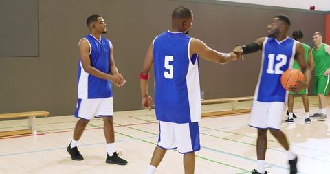Blue team high-fiving and planning play on indoor basketball court, teammates celebrating