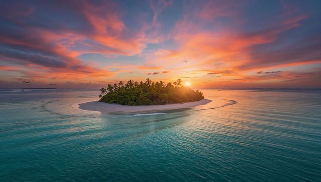 Tropical atoll at sunset with turquoise lagoon, sandbar and silhouette palm trees