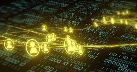 Glowing network of user nodes flowing over binary data grid for digital connectivity and data flow