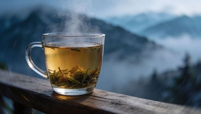 Steaming clear glass cup of loose-leaf tea resting on wooden railing with misty alpine peaks