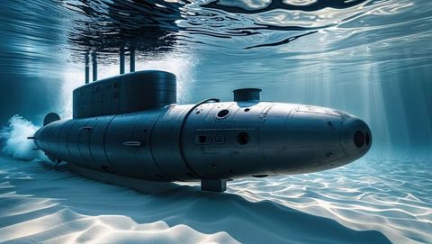 Submarine navigating crystal clear waters over sandy seabed, streamlined design