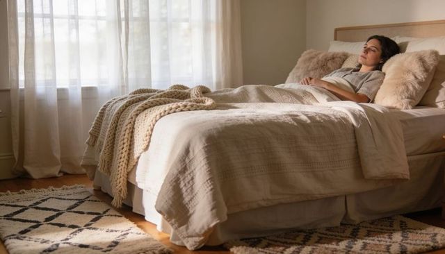 Woman relaxing on cream bed with chunky knit throw and plush pillows, morning light