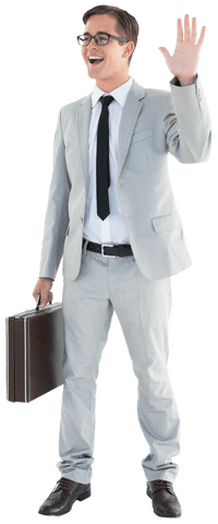 Transparent man greeting in formal suit with briefcase