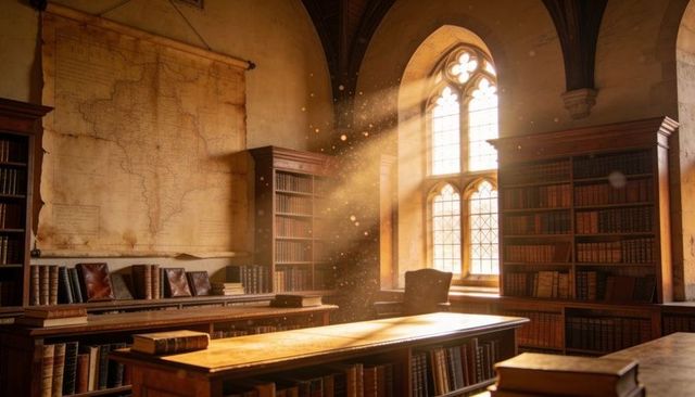 Sunbeams streaming through arched tracery window lighting antique library table and books