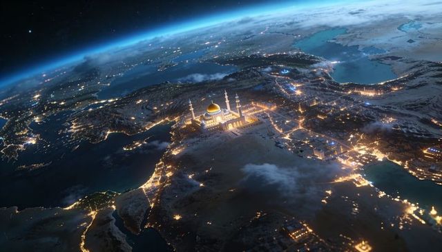 Orbital night panorama showing glowing mosque with golden dome and minarets over coastline