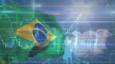 Brazilian Flag Amidst Digital Financial Data Visualization