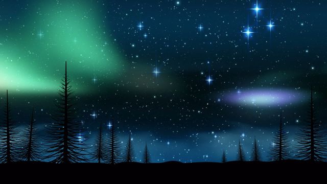 Digital illustration showing animated fir trees silhouetted against a starry night sky with visible northern lights. The scene can evoke feelings of winter, celebration, and serenity. Ideal for holiday cards, festive background settings, digital banners, and winter-themed graphics.