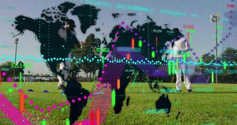 Athletes training on grass pitch with global map and colorful data overlay