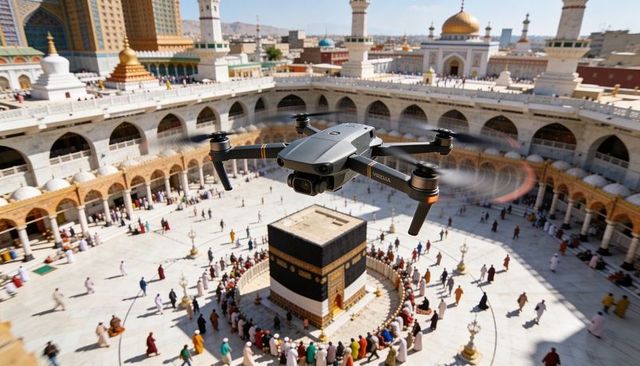 Aerial quadcopter filming over kaaba courtyard during pilgrimage at masjid al-haram mecca