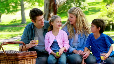 Family Enjoying Picnic and Orange Juice in Park