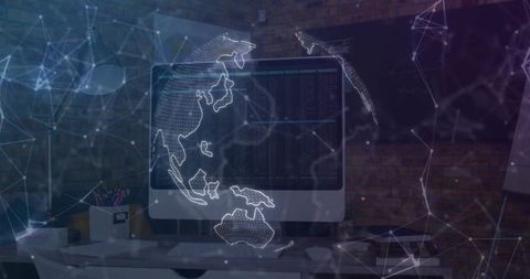 Tech Workspace with Digital Network Globe Interface