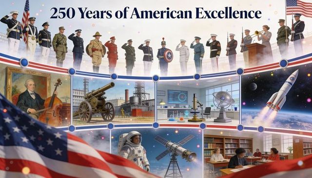 Celebrating 250 years of american excellence mural featuring military, science, space
