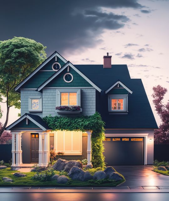 Large suburban house with lit windows and plants next to road created using generative ai technology. House, building and architecture concept digitally generated image.